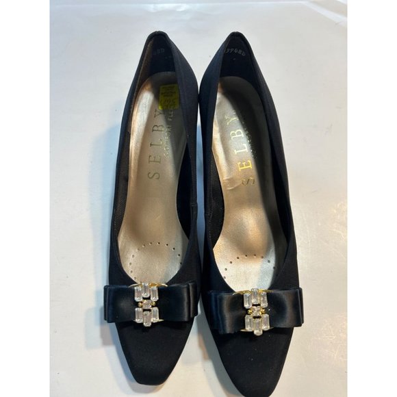 Women's Selby Delight Vintage Heels Size 9 Black Suede Bow Rhinestones - Picture 1 of 10